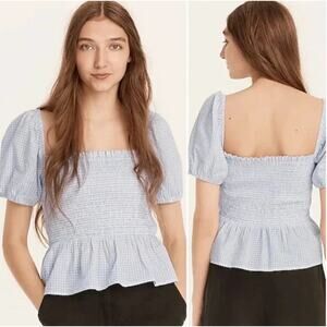 J. Crew Squareneck Smocked Cotton‎ Voile Top in Blue Gingham Puffed Sleeves L